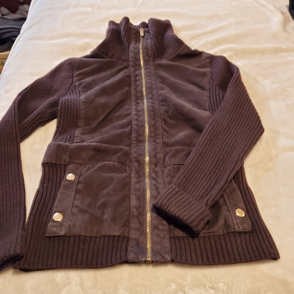 Jones New York Merino wool sweater jacket with faux suede accents